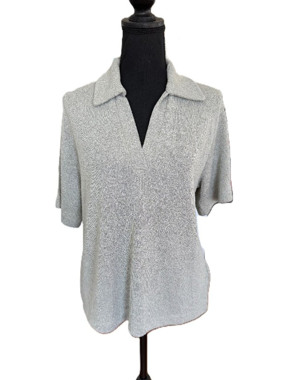 H&M | Ribbed Knit Collared Short Sleeve Top | Light Olive Green | Medium